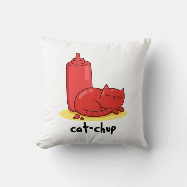 Cat-chup Funny Red Ketchup Cat Pun  Cushion (Front)
