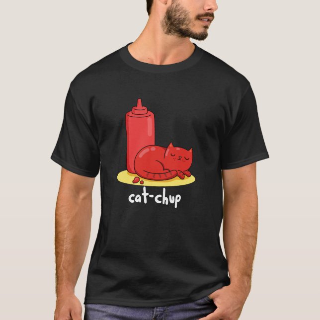 Cat-chup Funny Red Ketchup Cat Pun Dark BG T-Shirt (Front)