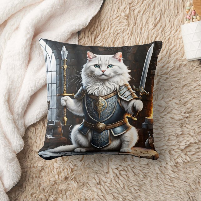 Cat Clad in Armour Wielding Sword and Spear Cushion (Blanket)