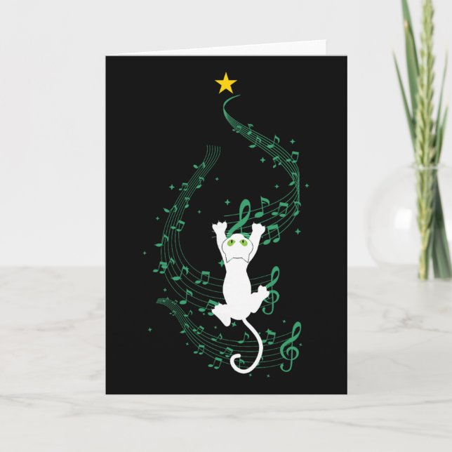 Cat Climbing Music Note Christmas Tree Gift  Card (Front)