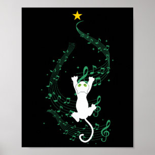 Cat Climbing Music Note Christmas Tree Gift Poster