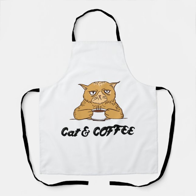 Cat & Coffee Funny Cat Coffee Design Gift Idea Apron (Front)
