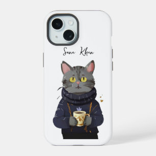 Cat Coffee/Tea in Vintage Watercolor Sweater iPhone 15 Case