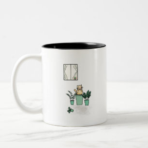Cat Coffee Window Plants Planters Green Two-Tone Coffee Mug