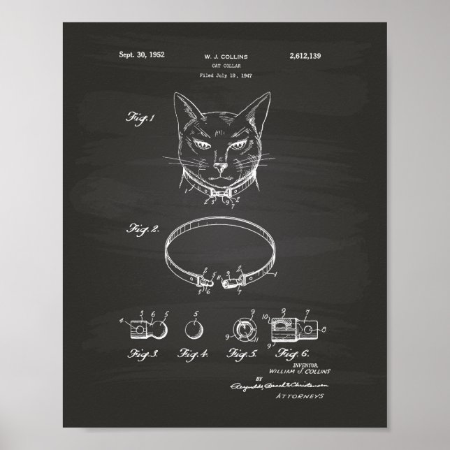 Cat Collar 1952 Patent Art Chalkboard Poster (Front)