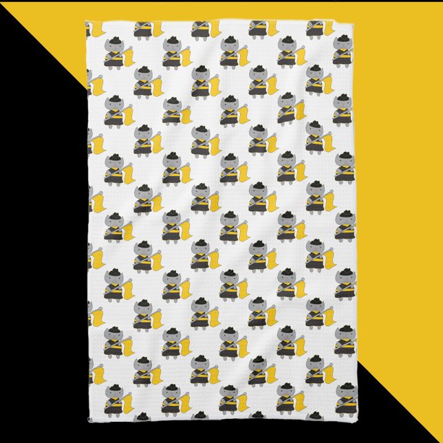 Cat Color Guard Black and Yellow Pattern Tea Towel (A kitchen towel with a pattern of gray cats with black and yellow color guard uniforms.)