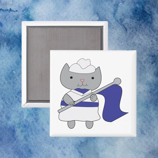 Cat Colour Guard Blue White Magnet (A magnet with a gray kitty cat wearing a blue and white color guard uniform.)
