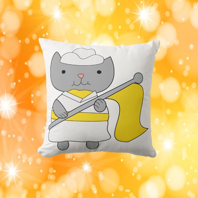Cat Colour Guard Flag Team Yellow White Cushion (A throw pillow with a cat wearing a yellow & white color guard outfit complete with yellow flag!)