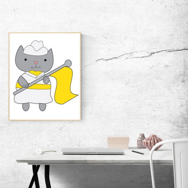 Cat Colour Guard Yellow and White Poster (A poster featuring a gray cat in a yellow & white color guard uniform.)