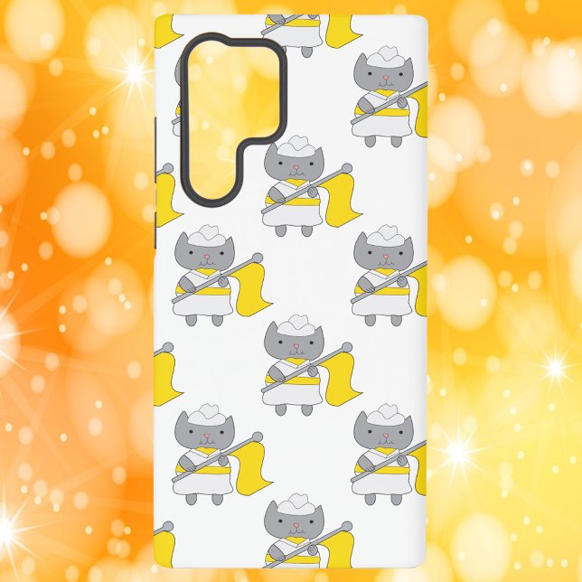 Cat Colour Guard Yellow White Pattern Samsung Galaxy S22 Ultra Case (A phone case with a pattern of cats wearing a yellow and white color guard uniform.)