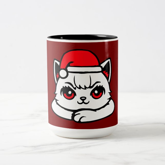 Cat Confident Santa Hat Crossed Arms Christmas Two-Tone Coffee Mug (Center)