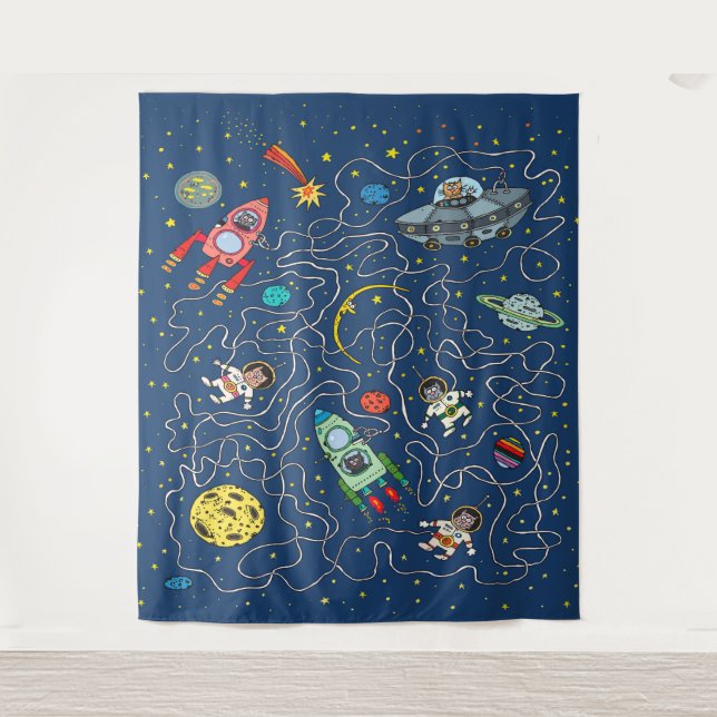 cat cosmos cosmonaut rocket tapestry (Front)