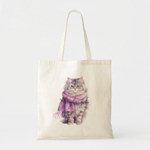 Cat Cosy Winter Purple Scarf Tote Bag