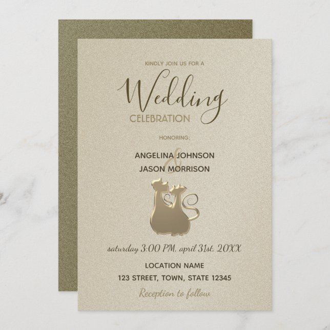 Cat Couple Modern Gold Elegant Wedding Invitation (Front/Back)