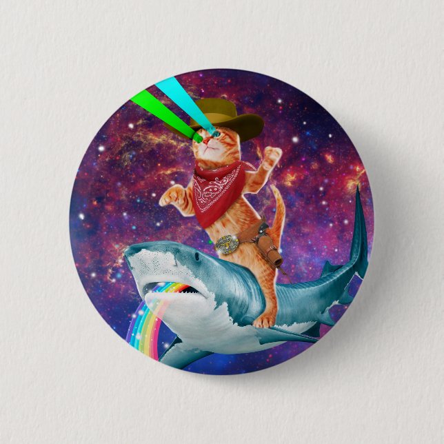Cat Cowboy riding a Shark spewing a Rainbow 6 Cm Round Badge (Front)