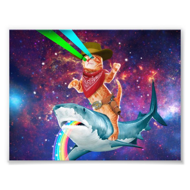 Cat Cowboy riding a Shark spewing a Rainbow Photo Print (Front)