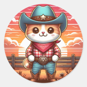 cat cowboy sunset classic round sticker