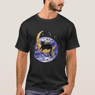 Cat Crescent Moon Black Kitten Over Earth Cute Fun T-Shirt