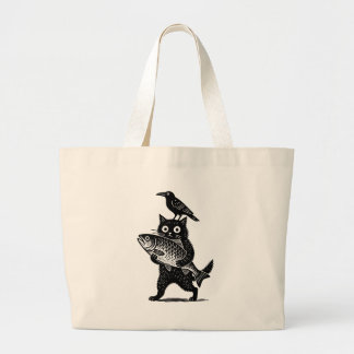 Cat, Crow, and Catch Large Tote Bag