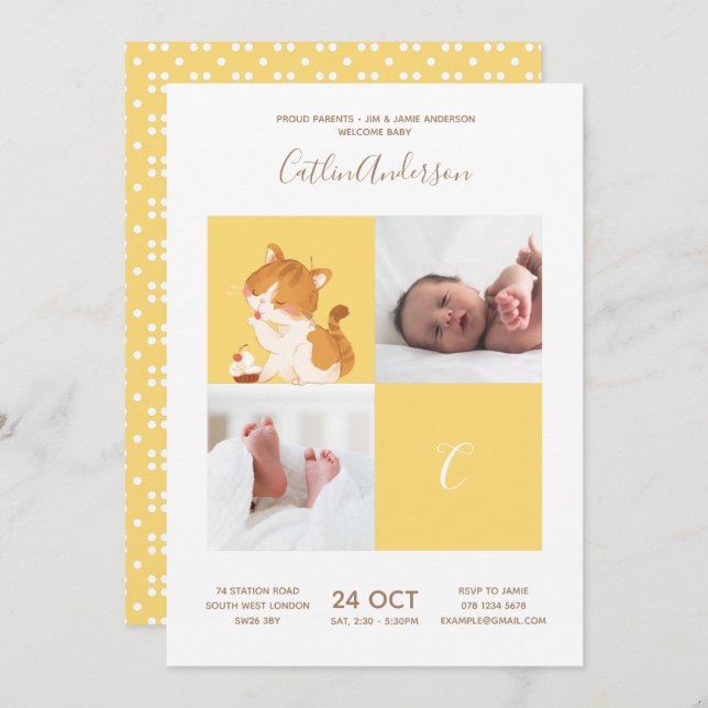 Cat Cupcake • Alphabet Monogram Cute Baby Shower Invitation (Front/Back)