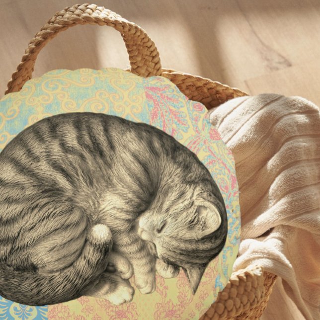 Cat curled up sleeping on quilt cute cosy round cushion (Creator Uploaded)