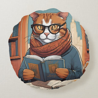 Cat cushion. Cute Cat reading a book.  Round Cushion