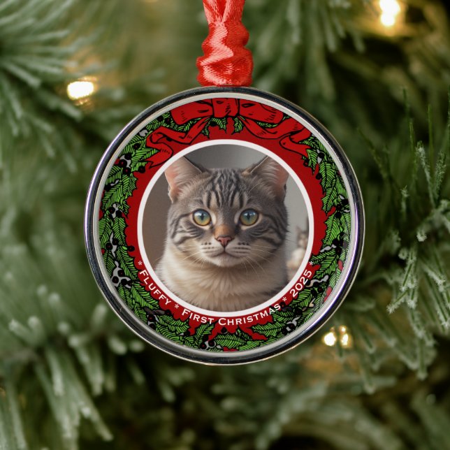 Cat Custom photo First Christmas wreath  Metal Ornament (Tree)