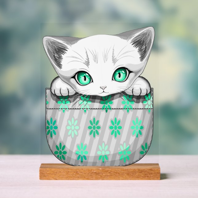 Cat Cute and Playful peaking from a Pocket Acrylic Sign (Neutral)
