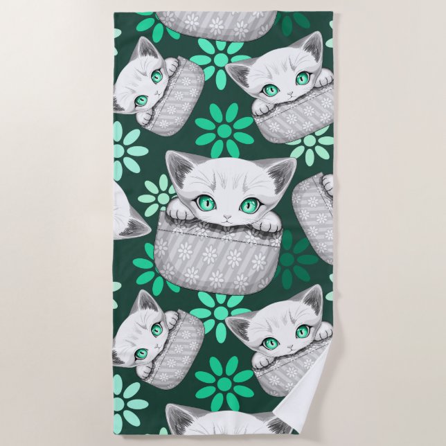 Cat Cute and Playful peaking from a Pocket Beach Towel (Front)