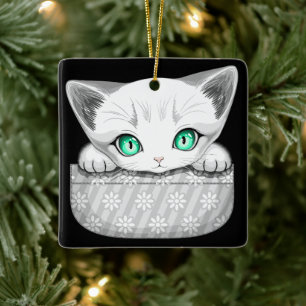 Cat Cute and Playful peaking from a Pocket Ceramic Ornament