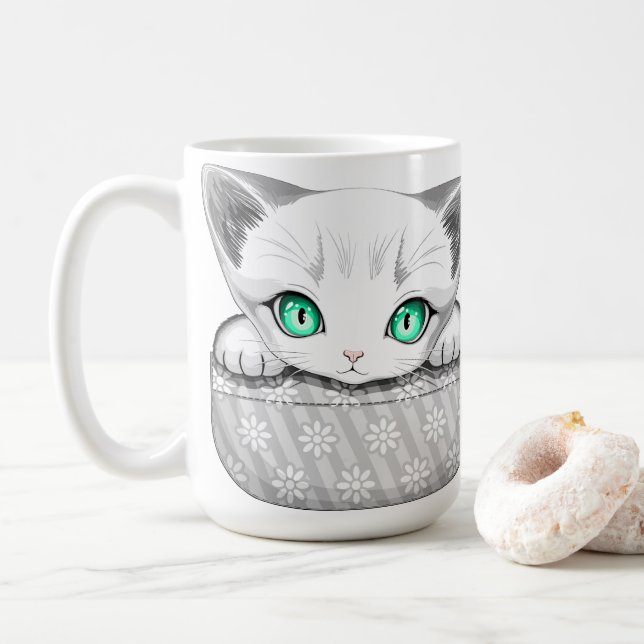 Cat Cute and Playful peaking from a Pocket Coffee Mug (With Donut)