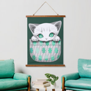 Cat Cute and Playful peaking from a Pocket Hanging Tapestry