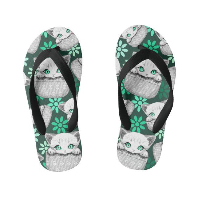 Cat Cute and Playful peaking from a Pocket Kid's Thongs (Footbed)