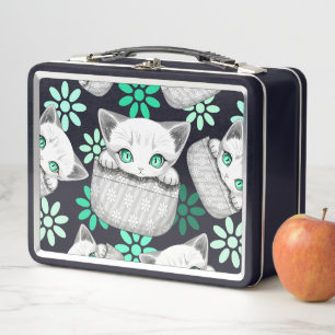 Cat Cute and Playful peaking from a Pocket Metal Lunch Box