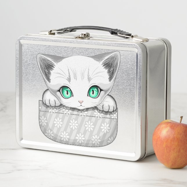Cat Cute and Playful peaking from a Pocket Metal Lunch Box (In Situ)