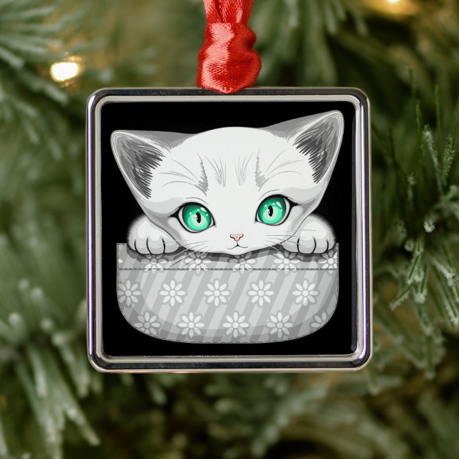 Cat Cute and Playful peaking from a Pocket Metal Ornament (Tree)