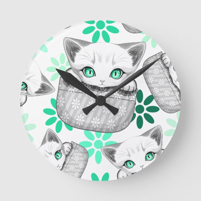 Cat Cute and Playful peaking from a Pocket Round Clock (Front)