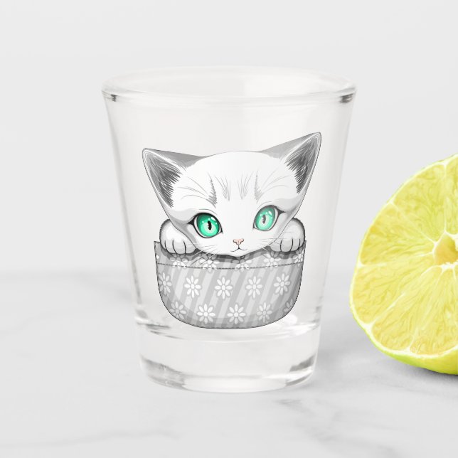 Cat Cute and Playful peaking from a Pocket Shot Glass (Front)