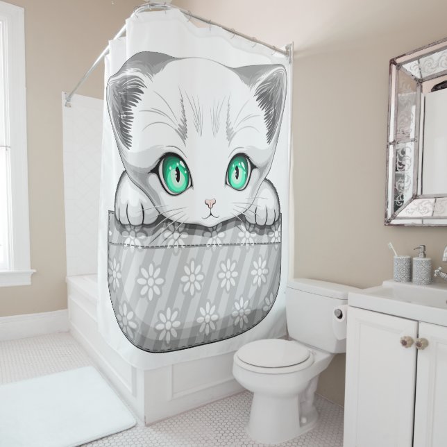 Cat Cute and Playful peaking from a Pocket Shower Curtain (In Situ)