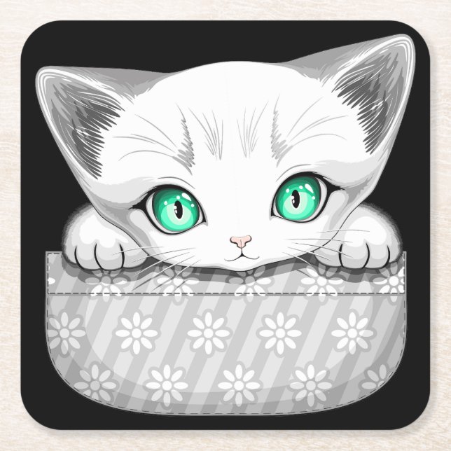 Cat Cute and Playful peaking from a Pocket Square Paper Coaster (Front)