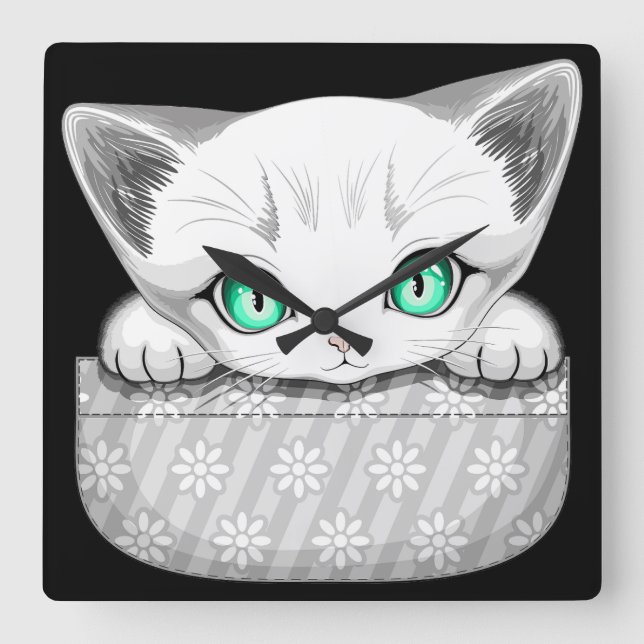 Cat Cute and Playful peaking from a Pocket Square Wall Clock (Front)