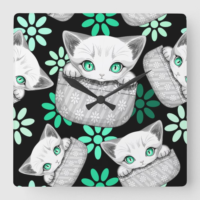 Cat Cute and Playful peaking from a Pocket Square Wall Clock (Front)
