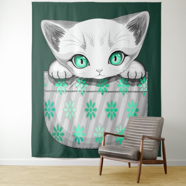 Cat Cute and Playful peaking from a Pocket Tapestry (In Situ)