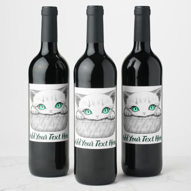 Cat Cute and Playful peaking from a Pocket Wine Label (Bottles)