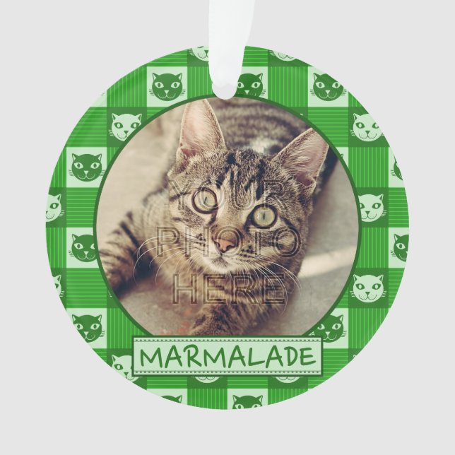 Cat Cute Green Kitty Gingham Add Custom Photo Name Ornament (Front)