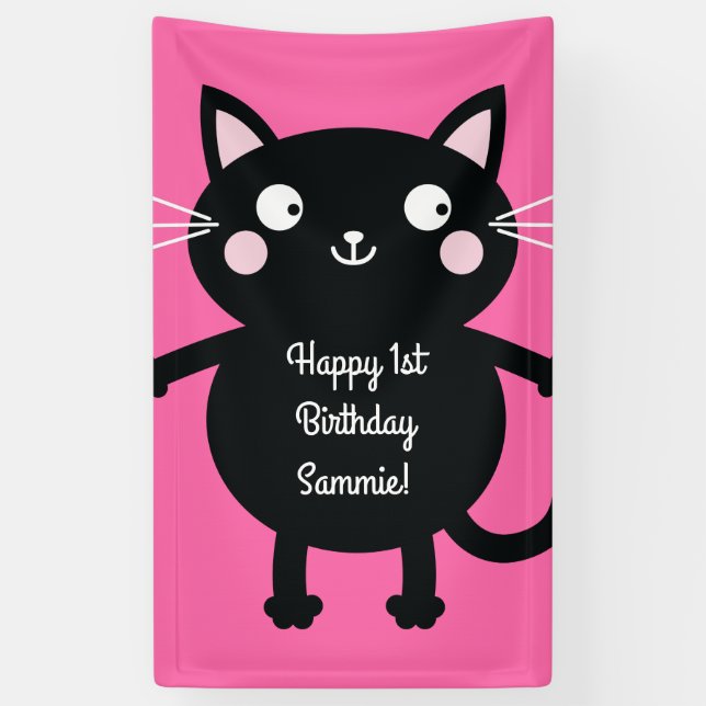 Cat Cute Kitty Colourful 1st Birthday Party Theme Banner (Vertical)