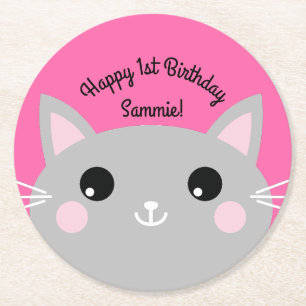 Cat Cute Kitty Colourful 1st Birthday Party Theme Round Paper Coaster