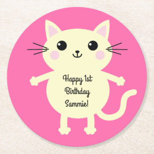 Cat Cute Kitty Colourful 1st Birthday Party Theme Round Paper Coaster
