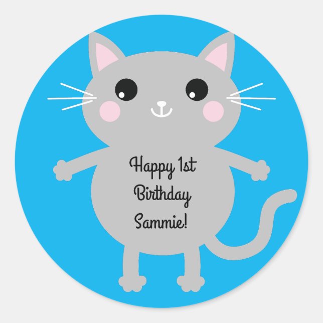 Cat Cute Kitty Kid's Birthday Party Theme Classic Round Sticker (Front)