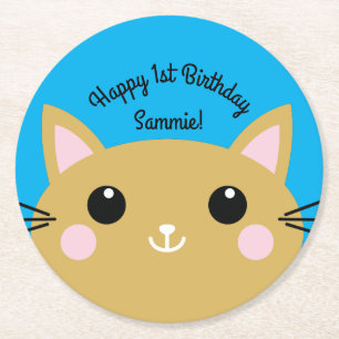 Cat Cute Kitty Kid's Birthday Party Theme Round Paper Coaster